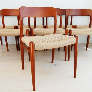 Set of 8 Danish Modern J L Moller Model 75 Teak Dining Chairs with Paper Cord Seats Niels Otto Moller 