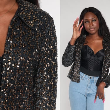 Sequin Jacket 80s Black Bronze Sparkly Blazer Open Front Jacket Metallic Party Formal Disco Glam Sequined Collared Vintage 1980s Small S 