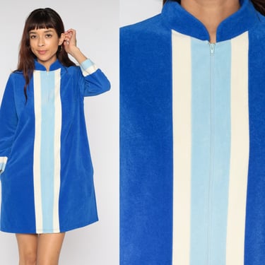 Velour Lounge Dress 70s Blue Mini Dress Front Zip Pajama Robe Mod Striped Long Sleeve Boho Hippie 1970s Loungewear Vintage Medium 