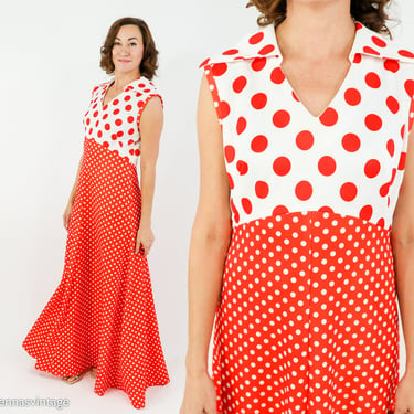 1970s Red Polka Dot Maxi Dress | 70s Red Polka Dot Sleeveless  Dress | Large 