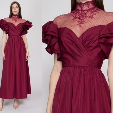 XS 70s Does Victorian Plum Puff Sleeve Gown | Vintage Taffeta Lace Collar Formal Maxi Prom Dress 