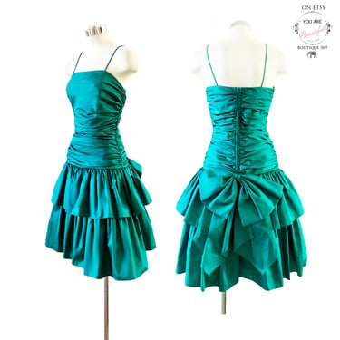 80's Green Taffeta Party Evening Dress, Full Skirt, Big Bow, 1980's Vintage Gown, Petticoat, Emerald Prom Dress 
