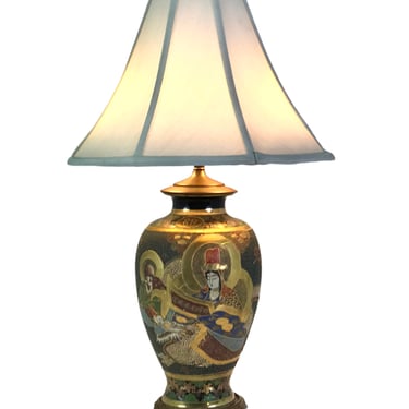 Antique Satsuma Pottery Table Lamp w. Group of Immortals Early 20th C. Japan
