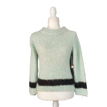 New! Laurie B Mohair Wool Blend Sweater Pullover Mint & Black Stripe Loop Knit S 