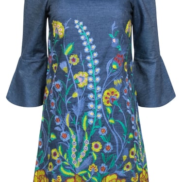 Alice & Olivia - Chambray Mini Dress w/ Floral Embroidery Sz XS