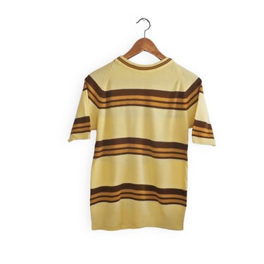 vintage striped shirt / 60s shirt / 1960s yellow brown surf striped acrylic knit Kurt Cobain shirt Small 