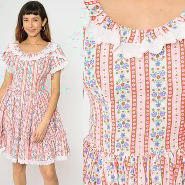 70s Bird Print Prairie Dress Floral Cottagecore Dress Mini Bohemian Peasant Tiered Square Dance Boho Vintage Lace High Waisted 1970s Small 4 