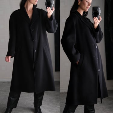 Vintage 90s Donna Karan Signature Gold Label Black Wool & Angora Overcoat | 1990s Donna Karan New York Designer Relaxed Fit Winter Coat 