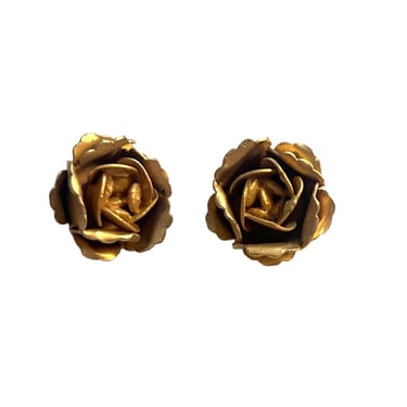 NATASHA STAMBOULI-1980s Small Gold Tone Metal Rose Earrings