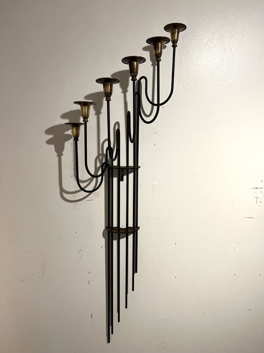 Danish Modern Swedish Tall Wall Brass &amp; Iron Candle Sconce