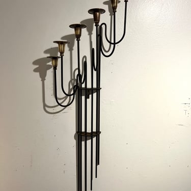 Danish Modern Swedish Tall Wall Brass & Iron Candle Sconce