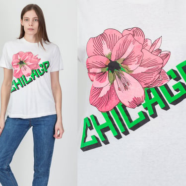 90s Chicago Flower T Shirt - Medium | Vintage White Cotton Unisex Tourist Tee 