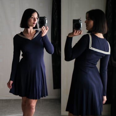 Vintage 70s RALPH LAUREN Navy Blue Nautical Sailor Long Sleeve Mini Dress | Made in the USA | 100% Rayon | 1970s Ralph Lauren Designer Dress 