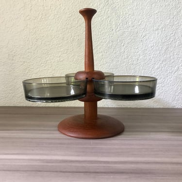 Vintage Teak Rotating Lazy Susan with 3 dishes, Denmark, 1970s, Danish Condiment Caddy 