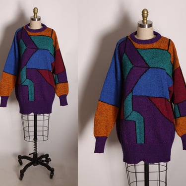 1980s Black, Orange, Purple and Blue Long Sleeve Funky Geometric Long Sleeve Sweater Dress by Liz Wear -L 
