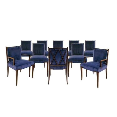 Tommi Parzinger Set of 10 Elegant Dining Chairs with Decorative Backs 1950s