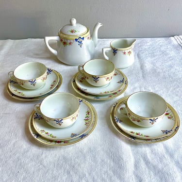 Nippon Antique Child's Tea Set, 15-piece, Hand-Painted, Miniature Porcelain China - 1911 to 1921, Pink Green Roses, Gilt, Blue Yellow Band 