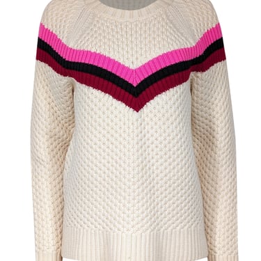 Milly - Cream Wool Blend Popcorn Stitch Sweater w/ Varsity Stripes Sz L