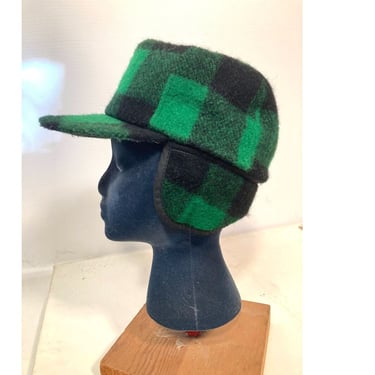 Vintage Green Wool Buffalo Plaid Hunting Cap Made In USA Size S 