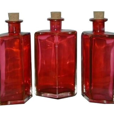 Unusual Antique Murano Cranberry Italian Art Glass Decanter Bottle Trio Set 
