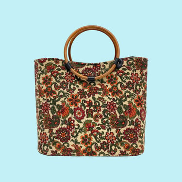 Vintage Carpet Bag Retro 1970s Mid Century Modern + Round Top Handles + Floral Pattern + Structured Frame + Tapestry Purse + MCM Handbag 