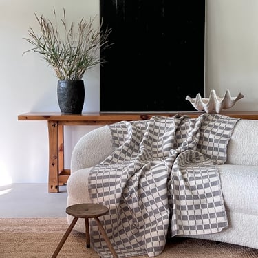 Vintage Cream Grey Patterned Throw Blanket | Cotton Blend Checkerboard Coverlet | 60