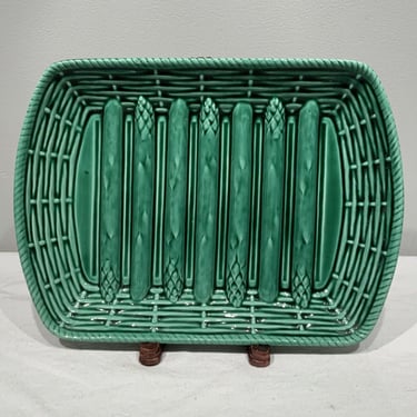 Majolica Asparagus Basket Rectangular Platter, Sarreguemines France platter, unique serving ware, green pottery decor, 1950s dining decor 
