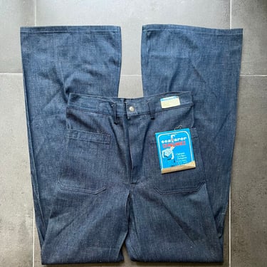 70s Seafarer Deadstock Sailor Bell Bottom Jeans Dungarees Dark Denim Flares Size 31 