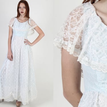 Vintage 70s Country Prairie Dress Pale Blue Sheer White Floral Lace Gown Maxi 