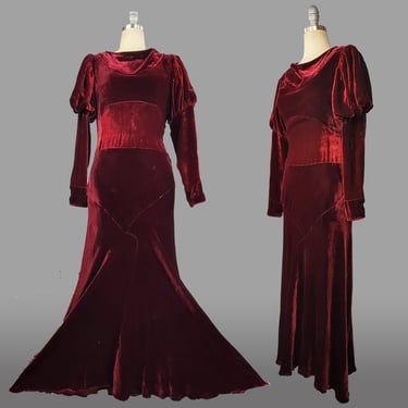Silk Velvet Gown / 1930s Crimson Velvet Gown with Leg o' Mutton Sleeves / 1930s Dress / Red Velvet Gown / Size Small Medium 