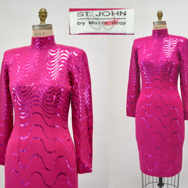 80s 90s Vintage Pink St John Dress Pink Metallic Knit Dress St John // Barbie Pink Metallic Party Dress Pink Sweater Knit Dress Small 