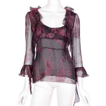 Christian Lacroix Vintage Black and Mauve Floral Sheer Silk Chiffon Ruffle Top