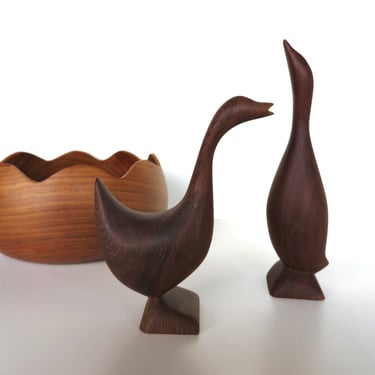 Danish Modern Carved Teak Duck and Goose Figurines, Small Wooden Bird Sculptures 