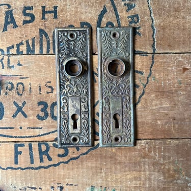 Pair of Pressed Door Plates Ornate Salvaged Hardware 