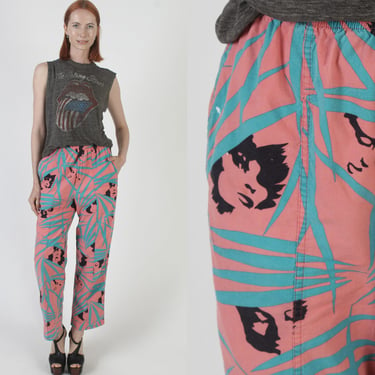 80s All Over Print Faces Surf Pants, Vintage Leg Goons 90s Beach Trousers, Elastic Waist Casual New Wave Material 
