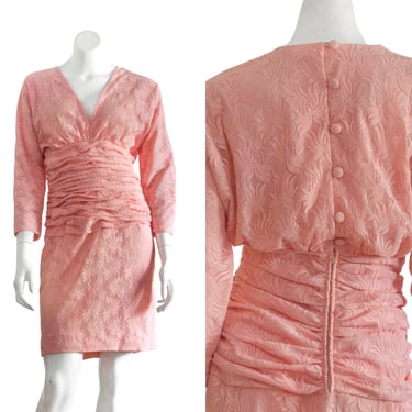 Pink lace blouson dress with deep v neckline and ruched waist from Halston III 