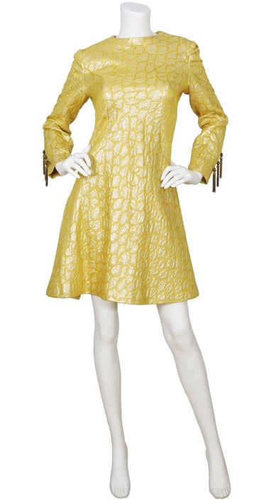 Mort Schrader 1960s Vintage Gold Cocktail Dress Sz S / Mod Brocade Tassel Sleeve 