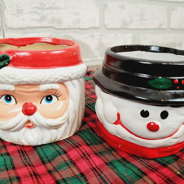 Vintage Santa and Frosty Snowman Christmas Ceramic Planters 