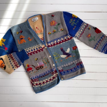 cute cottagecore sweater | 70s 80s vintage Roberta Frost wool cat dog snail ladybug duck farm art to wear hand knit embroidered cardigan 