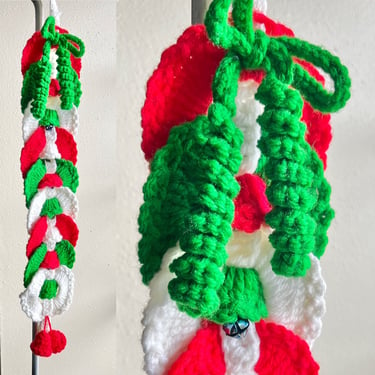 Holiday Door Decor, Chunky Knit Christmas Hanging, Jingle Bells, Hand Made, Kitschy, Crochet, Vintage Holiday 