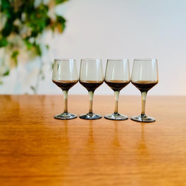 Set of Four Mid Century Danish Smoked Glass Stemmed Aperitif Shot Glasses, Vintage Scandinavian Stemware, Made in Denmark 
