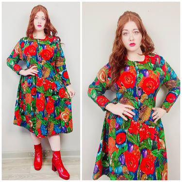 1980s Vintage Red and Green Homemade Pineapple Print Day Dress / 80s / Eighties Cotton Dropped Waist Long Sleeve Dress / Size Large 