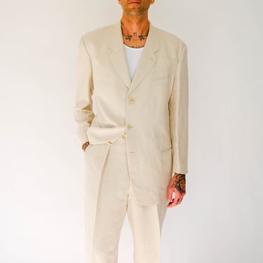 Vintage 90s Giorgio Armani Natural Light Linen Blend Three Button Suit | Made in Italy | Linen/Wool | 1990s Armani Designer Tailored Suit 