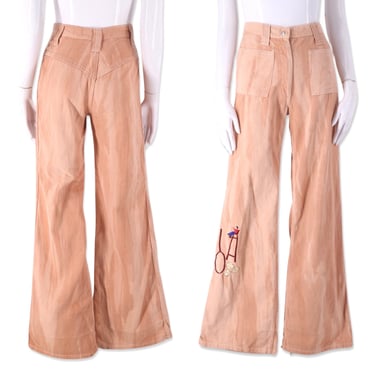 70s pink tie dye high rise bell bottoms 26, vintage 1970s brushed cotton flares, embroidered jeans, bells pants S 4-6 