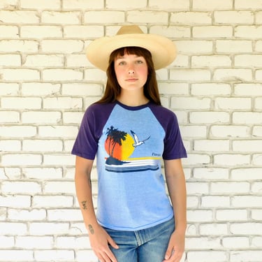 Sunset Shirt // vintage 70s 80s cotton boho tee t-shirt t top blouse thin hippy tee blue ringer Florida bird birds // XS/S 