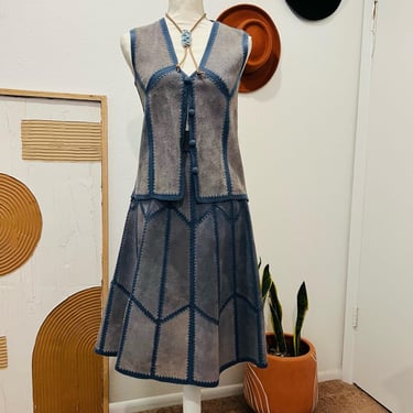 Vintage 70s Blue Genuine Suede Patchwork Crochet Vest & Skirt Set Small 