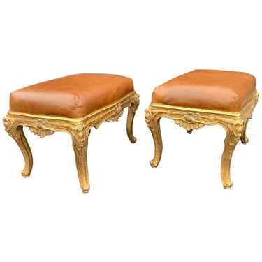 Pair of Italian Gilt-Wood Benches with Brown Leather Upholstery, 20th Century.
