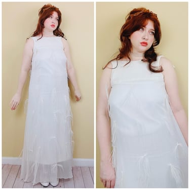 1960s Vintage White Chiffon Feather Wedding Dress / 50s / Sixties Bow Back A-Line Maxi Gown / Size Small - Medium 