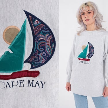 Cape May Sweatshirt New Jersey Sailboat Sweatshirt 90s Graphic Print 1990s Crewneck Vintage Heather Grey Nautical Boat Extra Large xl 