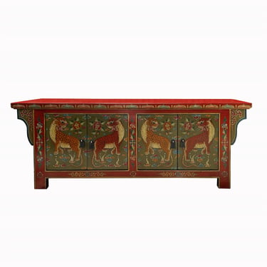 Chinese Tibetan Brick Red Jaguars Graphic Low TV Console Table cs7590E 